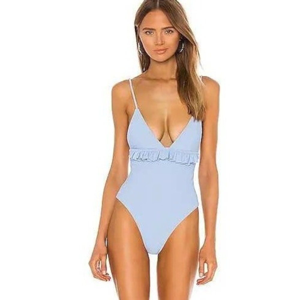 Tularosa Nina One Piece Swimsuit Light Blue Ribbed Ruffle V-Neck Size M NEW